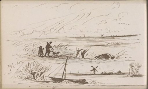 Landscapes with Hunters and a Sailing Ship on the Bank of a River