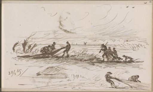 Landscape with figures pulling a rowboat to the shore