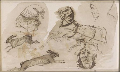 Hares, a horse in gallop and men's heads