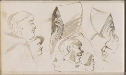 Heads of monks, men and a woman