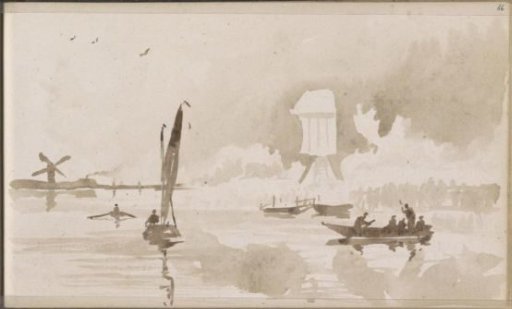 River Landscape with Mills and Figures in Rowing Boats