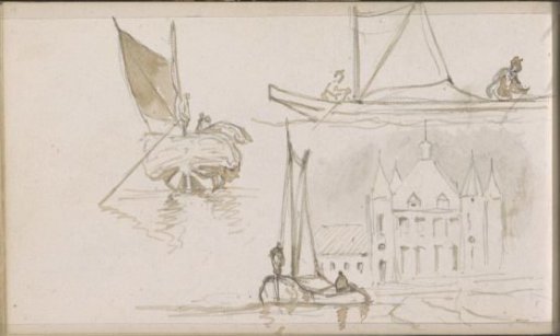 Sailing Ships on a River Near a Building with Five Towers