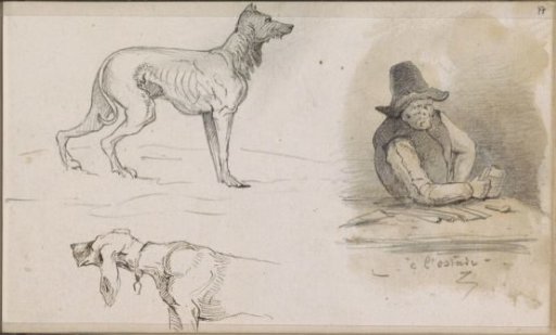 Dogs and a Man Leaning on a Table with a Mug in His Hand