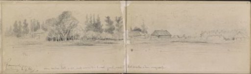 Trees and Houses by a Pond