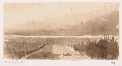 Panoramic landscape with fleeing deer