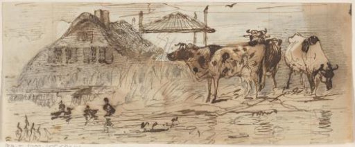 Three cows and ducks near a farmhouse