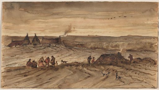 Hunters and dogs on the heath near day laborer's cottages