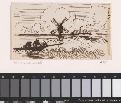 River landscape with a rowboat and mill