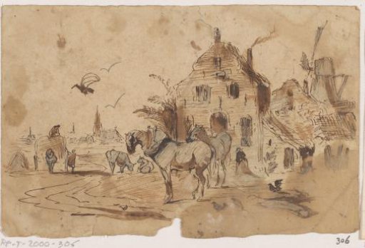 Horses unharnessed before a house