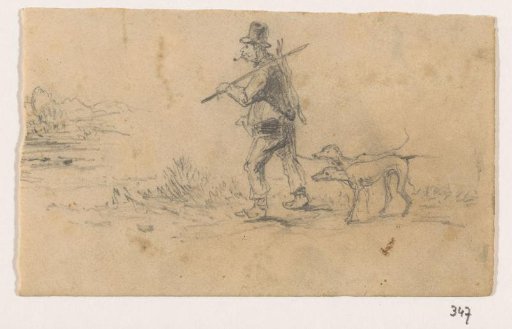 Hunter with dogs and a hare on his back
