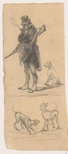 Smoking hunter with dogs