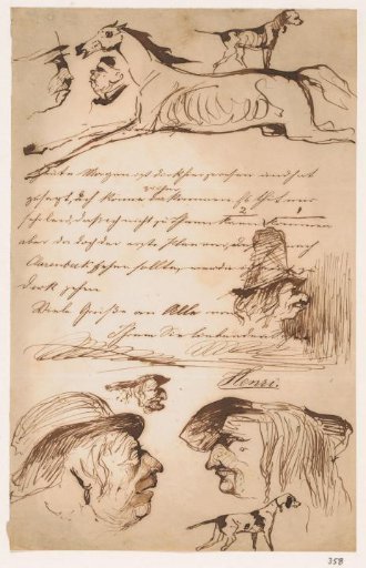 Letter with sketches of heads, dogs and a horse