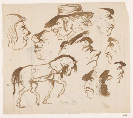 Sketch sheet with heads and horse