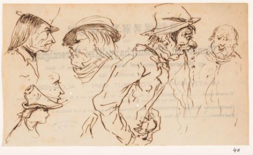 Sketch sheet with heads and a man passing something