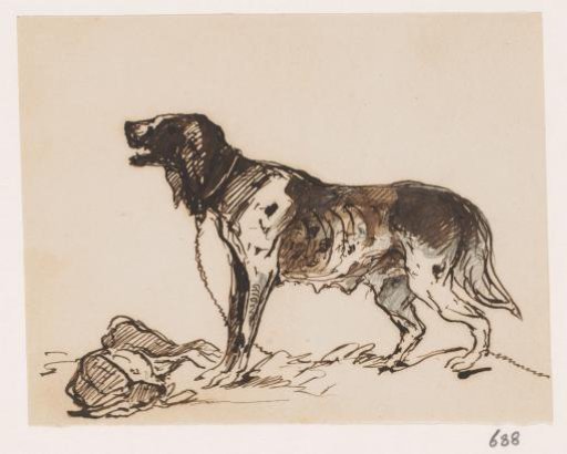 Dog on a leash, with a dead hare before it