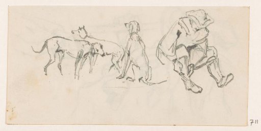 Hunting dogs and a seated man putting on boots