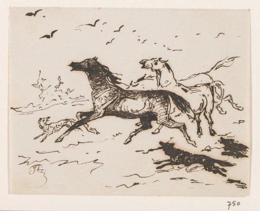 Horses running among dogs or wolves, with birds in the sky