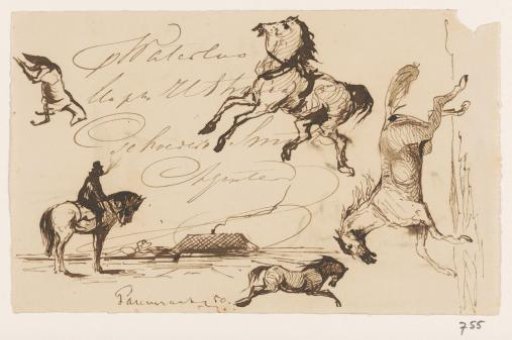 Sketches of horses, rider, and landscape with farm