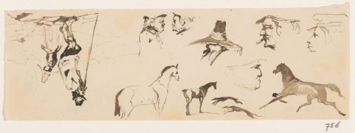Sketches of horses, heads, and a man leaning on a staff