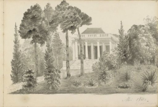 Country house with a porch and garden, probably in the Dutch East Indies