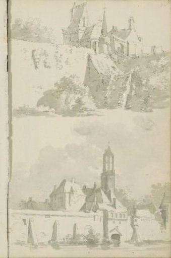 View of a walled building and a city view with church tower