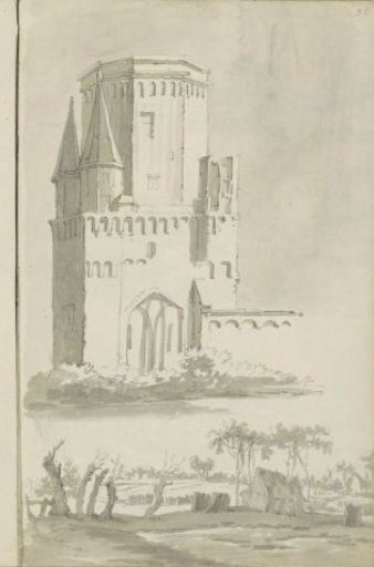 Exterior of a church and a landscape with a hut