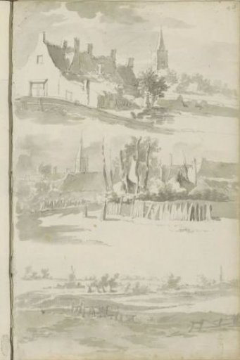 City views with church towers and a landscape with a mill