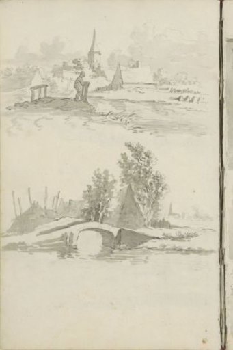 Village view with church tower and a bridge over the water