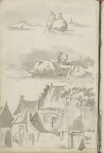 Two figures with a hay bale in a rowing boat