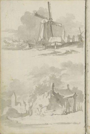 Windmill in a landscape and a village view