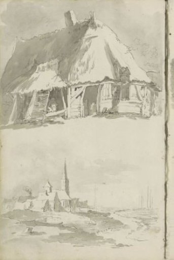 Barn and view of a city on the water