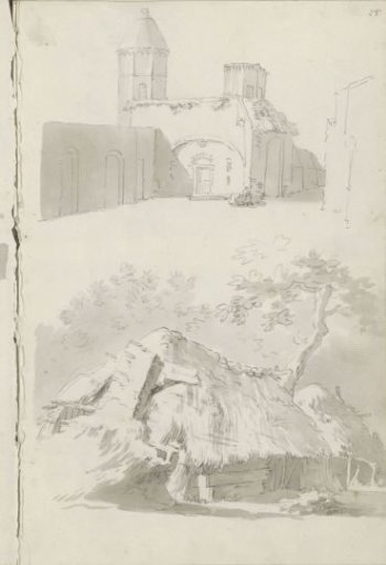 Building with towers and farmhouses