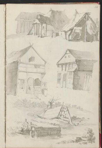 Farmhouses, barns and a landscape with water