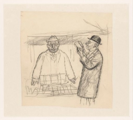 Reading man and bookseller at a bookstall
