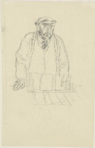 Bookseller with a flat cap, standing and leaning with his hands on his bookstall