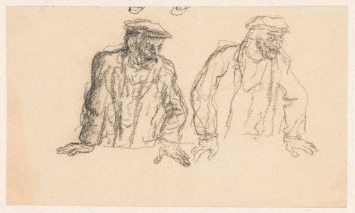 Two times the same man with a flat cap, leaning forward on his hands