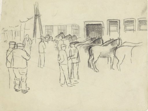 Horse market with various figures