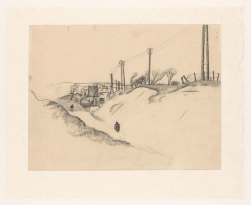 Hilly landscape with electricity poles and two figures