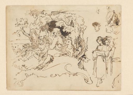Sketch sheet with an old man with his dog, two standing girls and a man's head