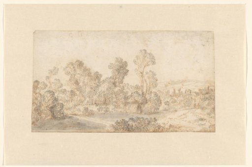 Hilly Landscape with Tall Trees Along a River