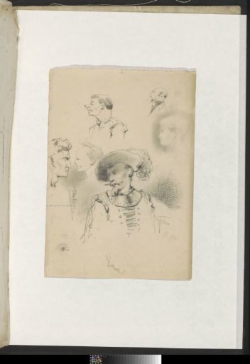 Study sheet with (caricatured) heads and an eye