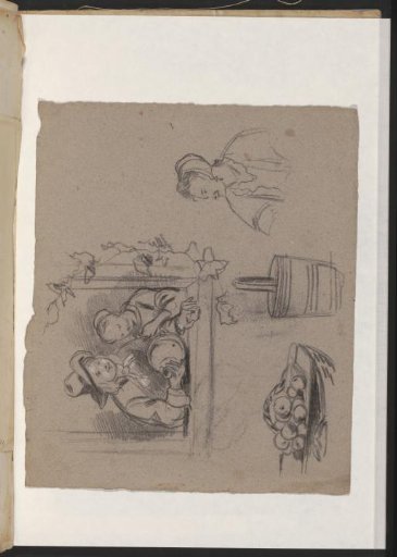 Two figures in a niche, still life with fruit, a basket, and a woman