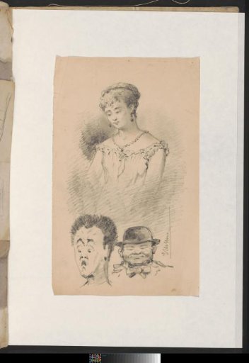 Woman in an evening dress and caricatured heads