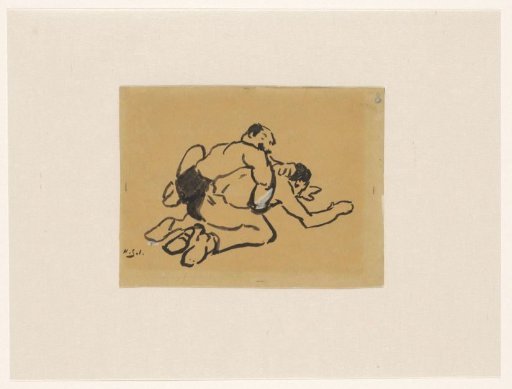 A kneeling and a crouching wrestler