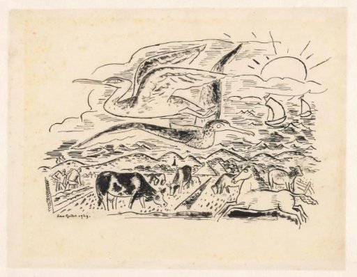Two birds flying over a landscape with cattle
