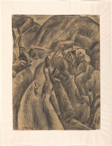Woman with a jug on her head on a road through high mountains