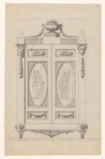 Design for a cabinet with two doors featuring female figures
