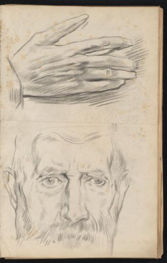 Hand and a portrait of a man with a beard