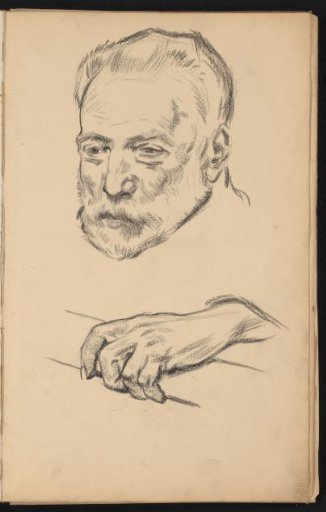 Hand holding an object and a portrait of a man with a beard