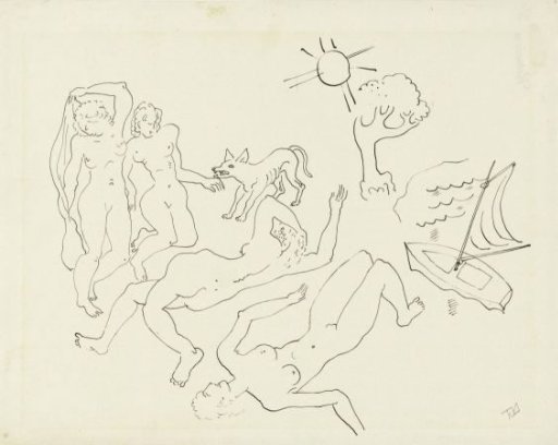 Four naked women with a dog and a sailboat